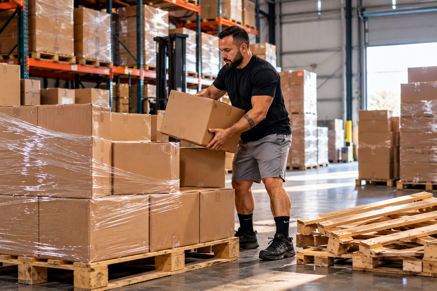 Worker handling cardboard boxes for pallet breakdown